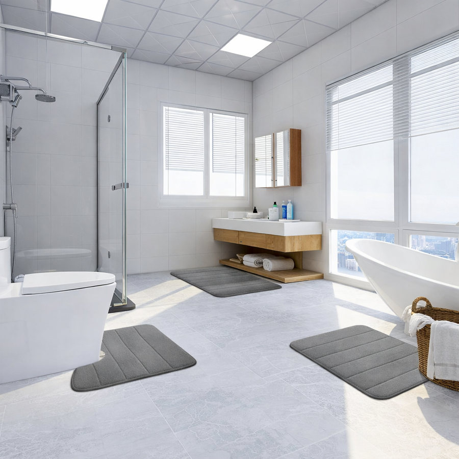 Комплект от 3 постелки за баня, 50x40 см, сини, неплъзгащи се