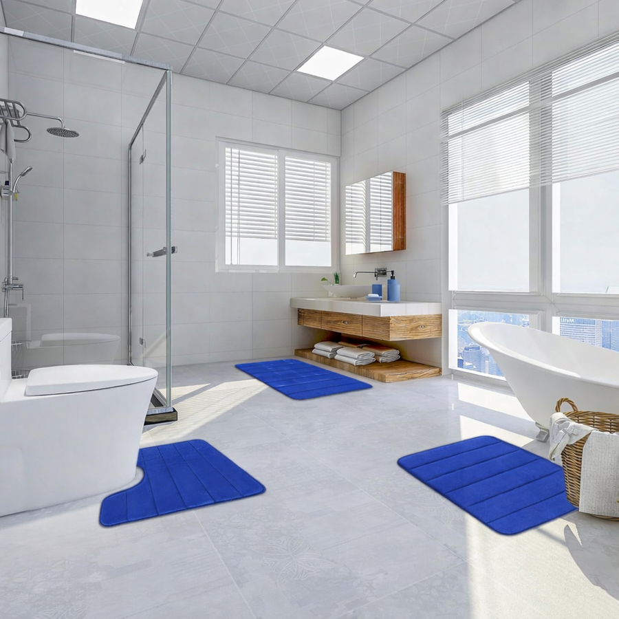 Комплект от 3 постелки за баня, 50x40 см, сини, неплъзгащи се