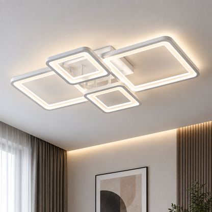 LED полилей с дистанционно управление ELLA 67W, 4 квадрата, Студена/Топла/Неутрална светлина, Димируем, Бял, Метал и Акрил
