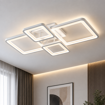 LED полилей с дистанционно управление ELLA 67W, 4 квадрата, Студена/Топла/Неутрална светлина, Димируем, Бял, Метал и Акрил