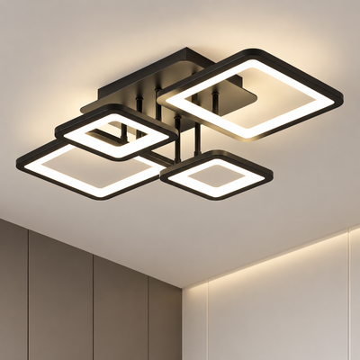 LED полилей с дистанционно управление ELLA 67W, 4 квадрата, Студена/Топла/Неутрална светлина, Димируем, Черен, Метал и Акрил