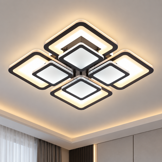 LED полилей с дистанционно SUSAN 96W, 4 квадрата, Студена/Топла/Неутрална светлина, Димируем, Черен