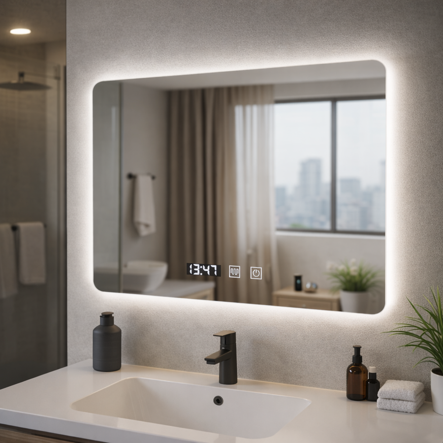 Oglinda LED Dreptunghiulara ARTAR Touch, 80X60cm, Sistem Dezaburire, Dimabila, Ceas si Temperatura