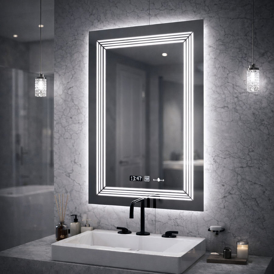 Правоъгълно LED огледало, 60x80 см, сензор Venezia Marcello MotionGlow, система за обезпотяване, часовник и термометър, димиране, топла неутрална студена светлина 3000K/4000K/6000K