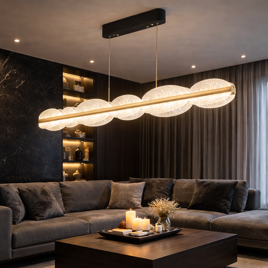 Окачен LED полилей с дистанционно ISOTTA 105W, Студена/Топла/Неутрална светлина 3000K/4000K/6000K, Димируем, Регулируема височина, Черен и Сребрист, Метал и Кристал