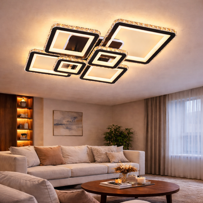 LED полилей с дистанционно управление и кристал QUADRIS RGB 177W, 6 квадрата, Студена/Топла/Неутрална светлина 3000K/4000K/6000K, Димируем, Черен, Метал и Кристал