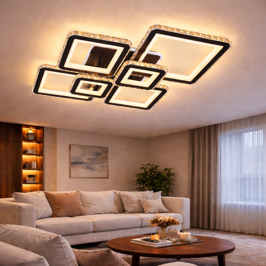 LED полилей с дистанционно управление и кристал QUADRIS RGB 177W, 6 квадрата, Студена/Топла/Неутрална светлина 3000K/4000K/6000K, Димируем, Черен, Метал и Кристал