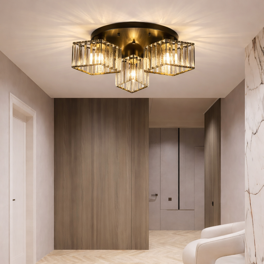 Модерен класически полилей Sasha, LC117/3BK, 3x E27, метал и кристал, черен, абажур