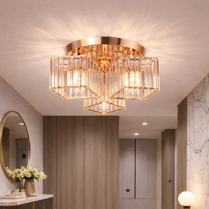 Модерен класически полилей Sasha, LC117/3GD, 3x E27, метал и кристал, злато, абажур