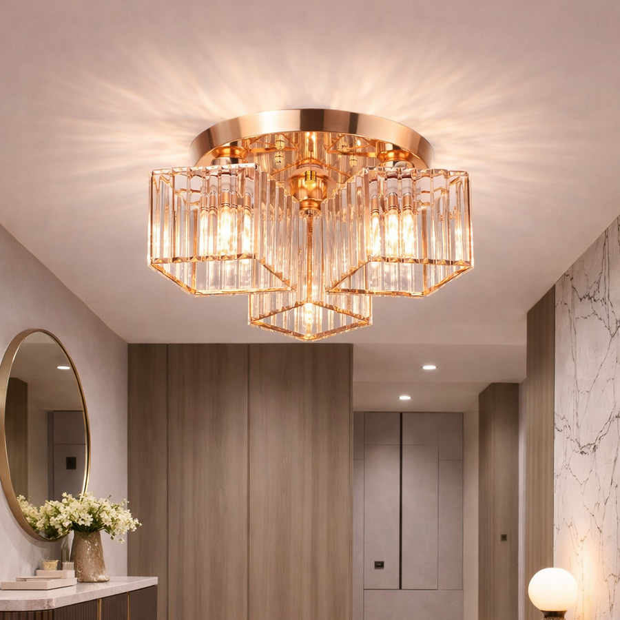 Модерен класически полилей Sasha, LC117/3GD, 3x E27, метал и кристал, злато, абажур