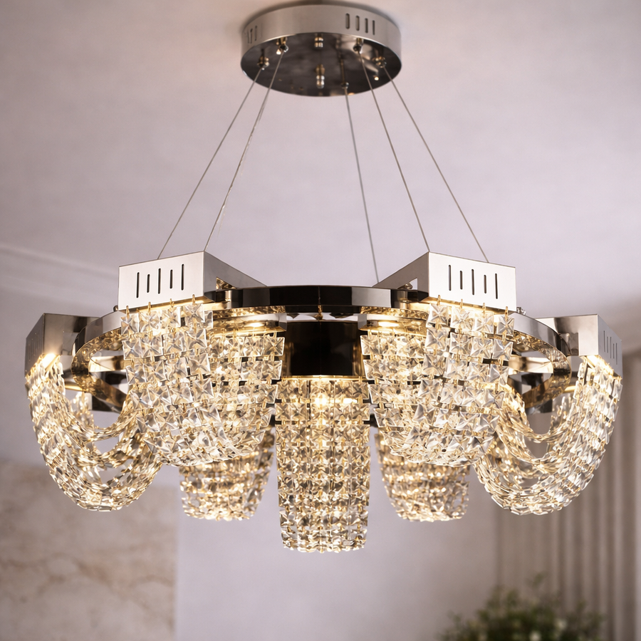 LED кристален полилей 40W, CC370/800CH, диаметър 80 см, блестящ хром, регулируема височина, топла неутрална студена светлина 3000K/4000K/6000K, метал и кристал