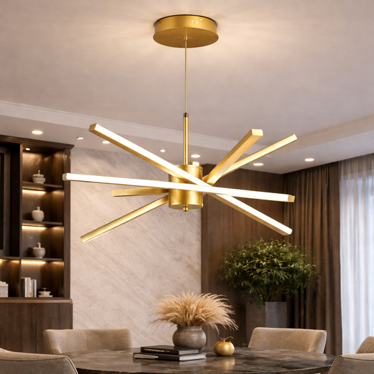 LED полилей с дистанционно управление LT176/5GD, 69W, 5 елемента, студена/топла/неутрална светлина 3000K/4000K/6000K, димируем, златен, регулируема височина, метални и акрилни LED полилеи с дистанционно управление Заглавие по подразбиране Alessandro Design