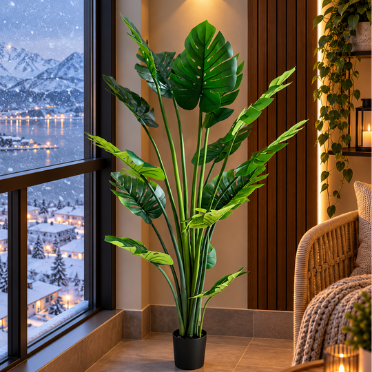 Изкуствено растение тип Monstera Deliciosa, с богати листа, 180 см, зелено