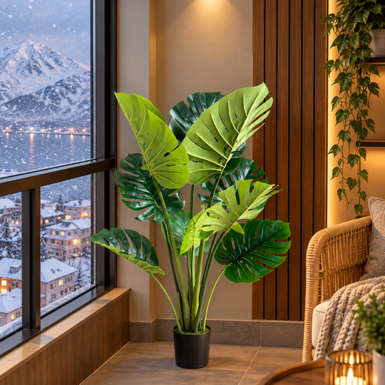 Изкуствено растение тип Monstera Deliciosa, с богати листа, 120 см, зелено