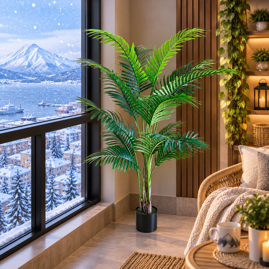 Изкуствено растение Kentia Palm Tree, 3 стъбла, 17 листа, 160 см, зелено, със саксия