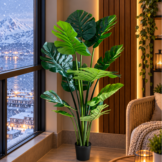 Изкуствено растение тип Monstera Deliciosa, с богати листа, 160 см, зелено