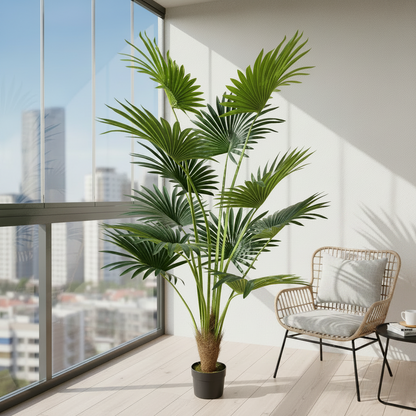 Decorațiune Palmier Livistona Evantai, 12 frunze, Plastic, 180 cm, Verde