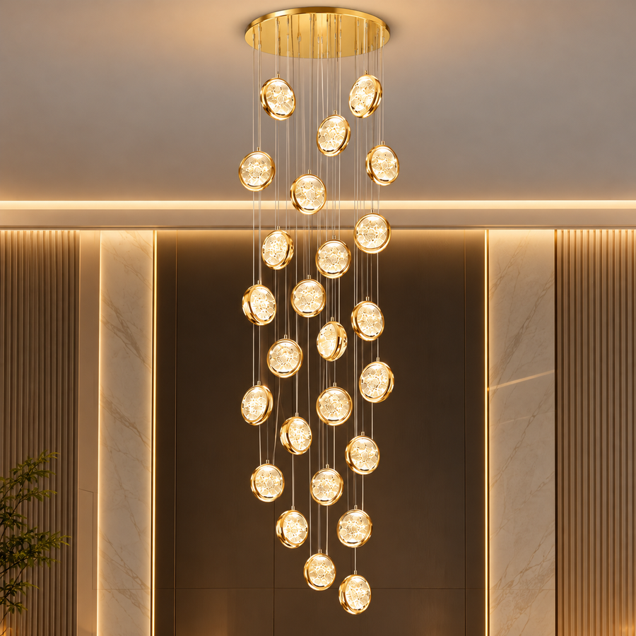 Кристален полилей FRAME LED с дистанционно управление, окачен, 30 източника, 90 W, диаметър 60 см, регулируема височина, злато, метал и кристал