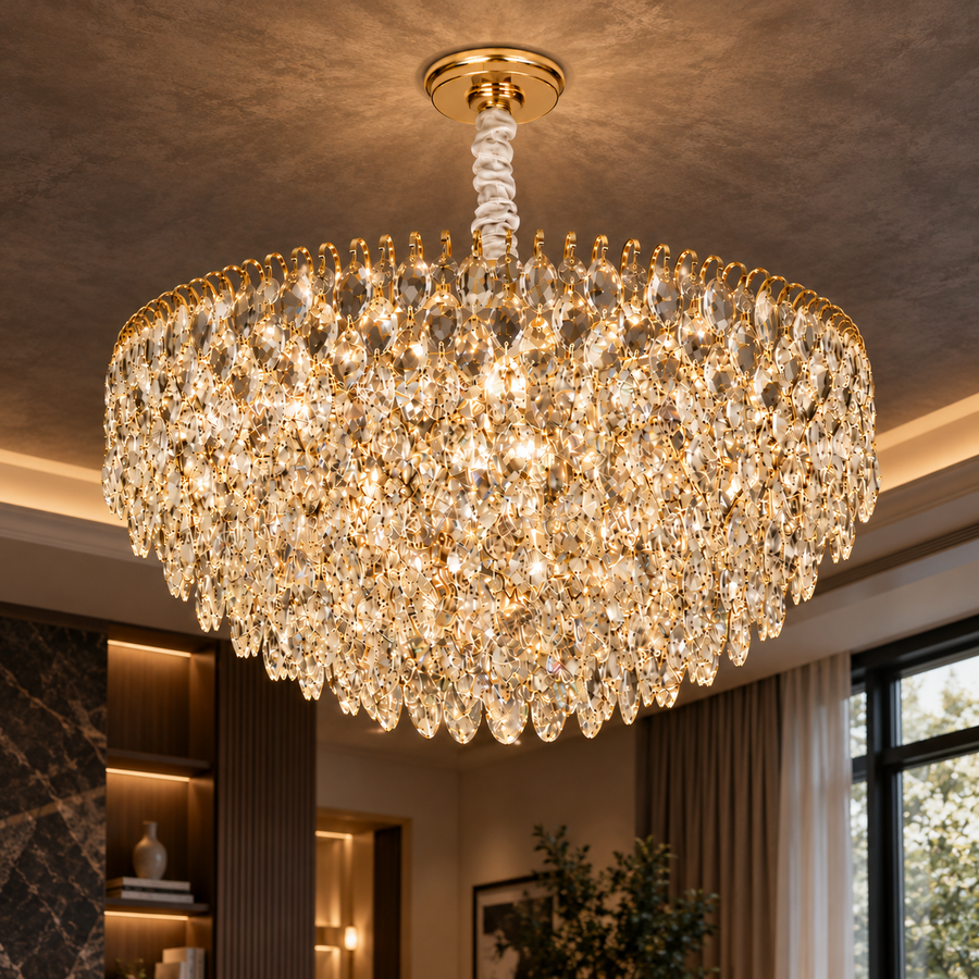 Кристален полилей ERDENET Eleganza, 9xE14, диаметър 50 см, метал и кристал, блестящо злато, регулируема височина