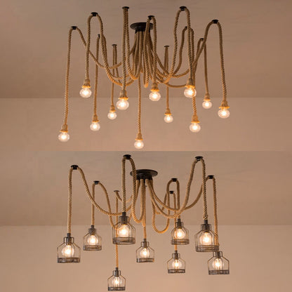 Винтидж полилей CORDA, 2xE27, рустик, връв и метал, 2x100 см, черна опора