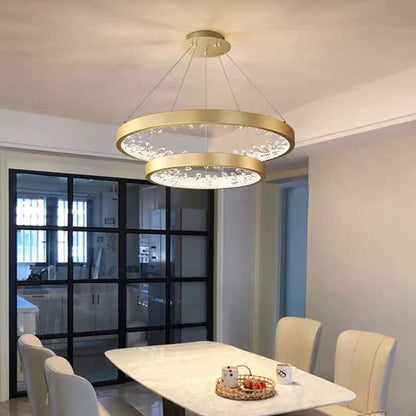 LED полилей, окачен с дистанционно управление, K9 кристали, 110W, 2 кръг, студена/гореща/неутрална светлина, нестабилно, лъскаво злато, регулируема височина