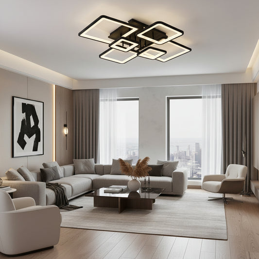 LED полилей с дистанционно управление ELLA 120W, 6 квадрата, Студена/Топла/Неутрална светлина, Димируем, Черен, Метал и Акрил