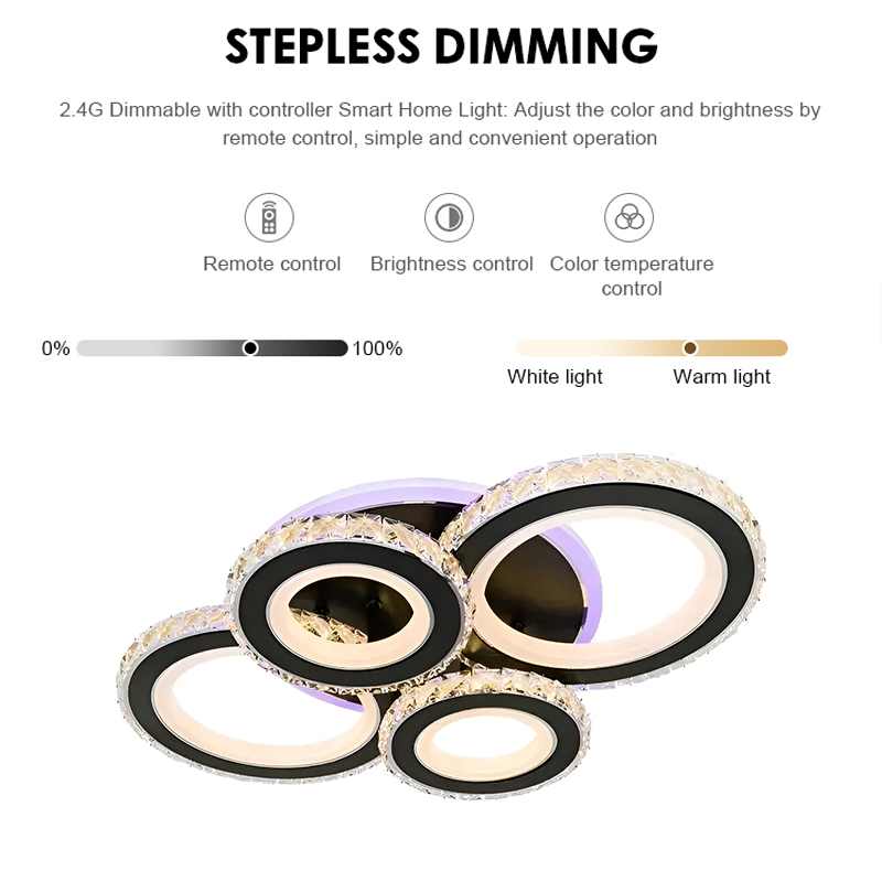 LED полилей с дистанционно управление и кристал NOVA ROTONDA RGB 82W, 4 кръга, Студена/Топла/Неутрална светлина, Димируем, Черен