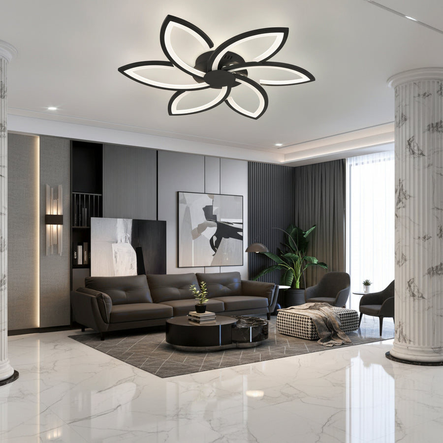 LED полилей с дистанционно управление и кристал FLORA 82W, 6 венчелистчета, Студена/Топла/Неутрална светлина, Димируем, Черен