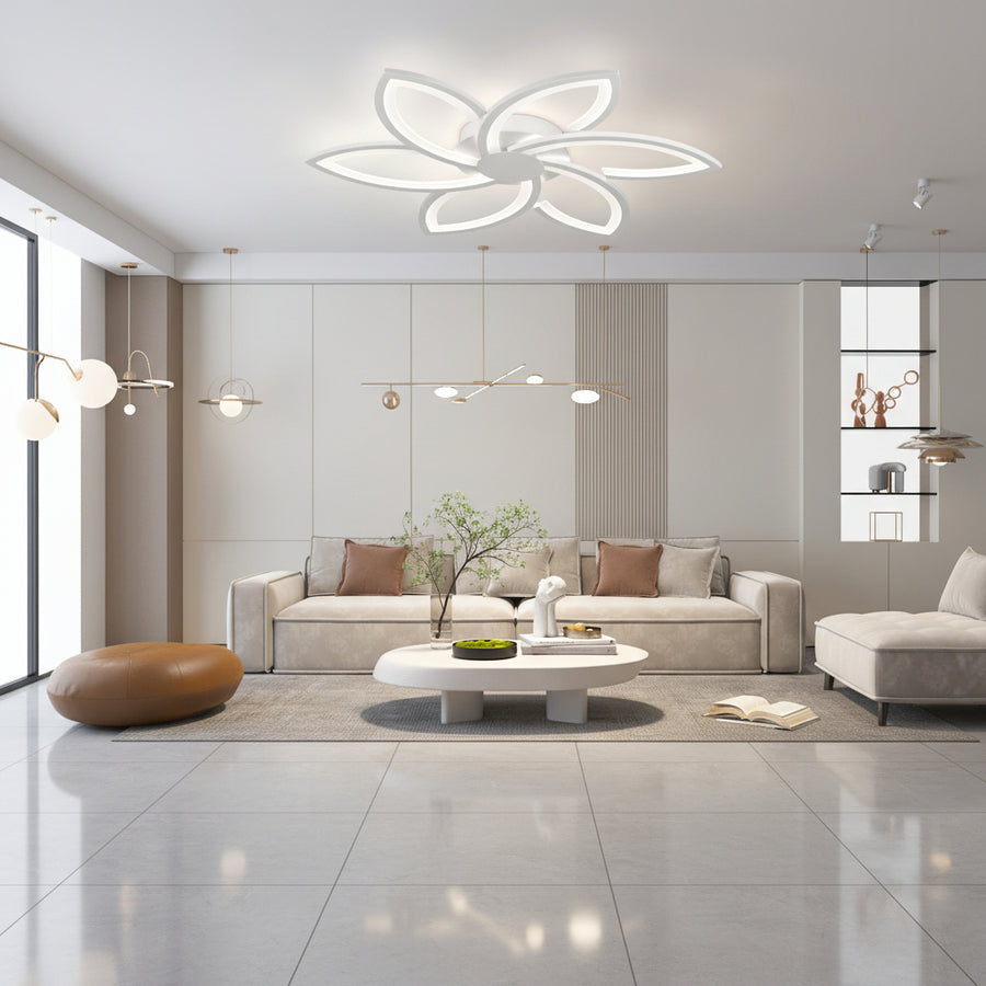 LED полилей с дистанционно управление и кристал FLORA 82W, 6 венчелистчета, Студена/Топла/Неутрална светлина, Димируем, Бял