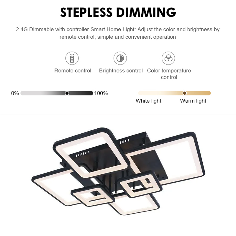LED полилей с дистанционно управление Ella 124W, 6 квадрата, студена/гореща/неутрална светлина, нестабилна, черна