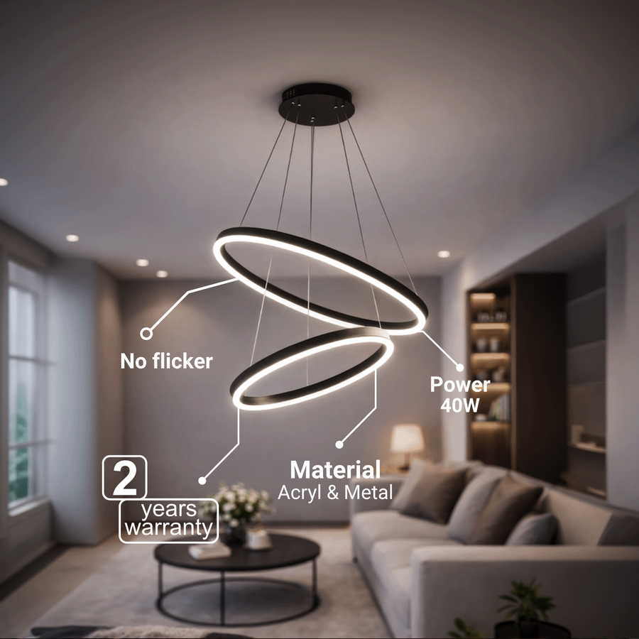 Окачен LED полилей с дистанционно управление CASIANA 40W, 2 кръга, студена/топла/неутрална светлина 3000K/4000K/6000K, димируем, черен, регулируема височина, метал и акрил