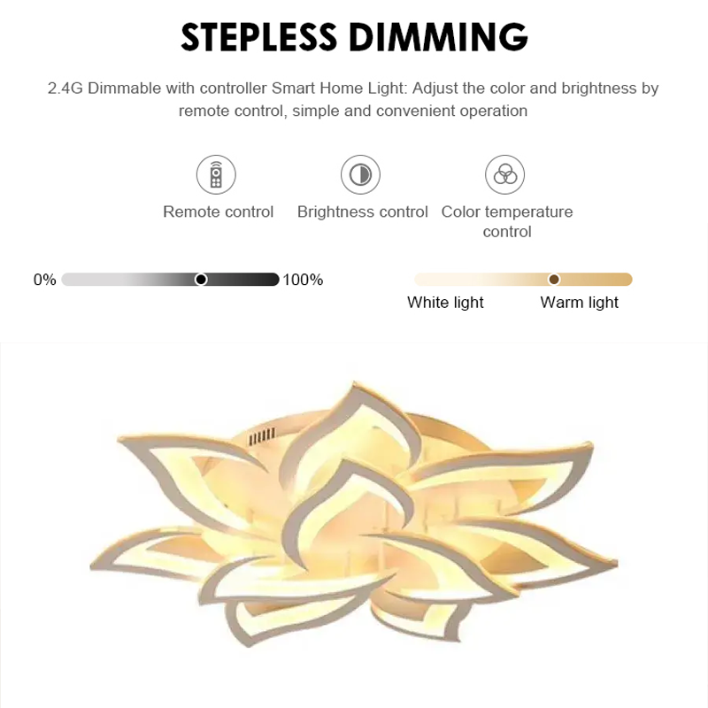 LED полилей с дистанционно LOTUS 92W, 9 венчелистчета, Студена/Топла/Неутрална светлина, Димируем, Бял