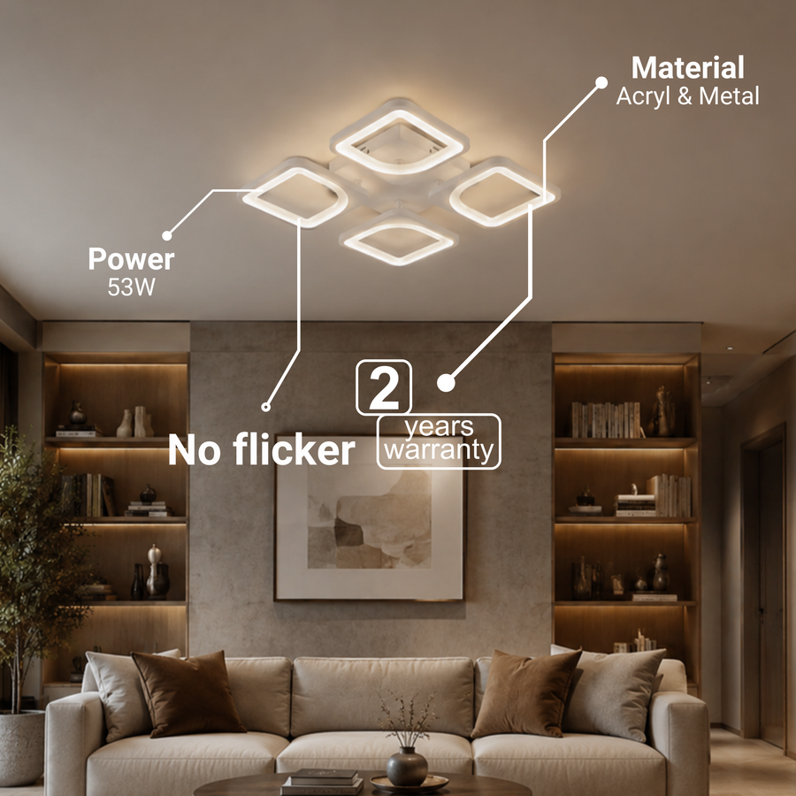 LED полилей с дистанционно ZOE 53W, 4 квадрата, Студена/Топла/Неутрална светлина, Димируем, Бял