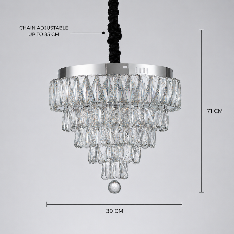 RIGO Crystal LED полилей с дистанционно управление Nobile Диаметър 39 см, блестящ хром, регулируема височина, метал и кристал