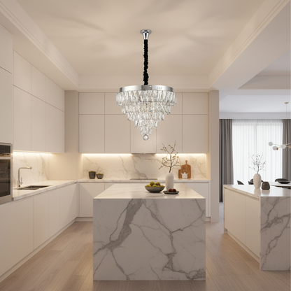 RIGO Crystal LED полилей с дистанционно управление Nobile Диаметър 39 см, блестящ хром, регулируема височина, метал и кристал