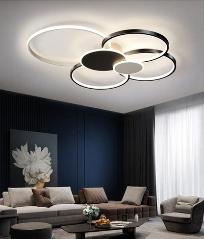 LED полилей с дистанционно управление, KILLIAN, 74W, 6 кръга, студена/топла/неутрална светлина 3000K/4000K/6000K, димиране, черно и бяло, метални и акрилни LED полилеи с дистанционно управление Заглавие по подразбиране Alessandro Design
