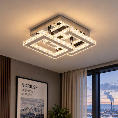 LED полилей с кристал JEREMIAH 48W, 2 квадрата, студена/топла/неутрална светлина, блестящ хром