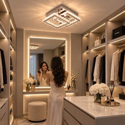 LED полилей с кристал JEREMIAH 48W, 2 квадрата, студена/топла/неутрална светлина, блестящ хром