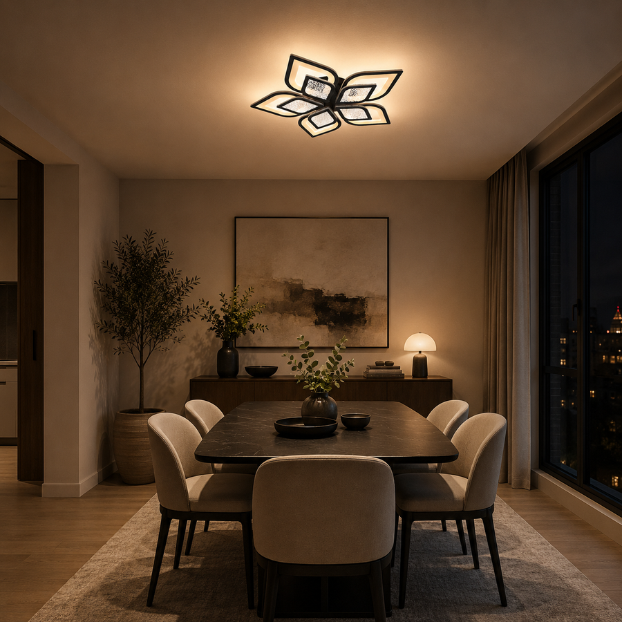 LED полилей с дистанционно DALIA 96W, 5 венчелистчета, Студена/Топла/Неутрална светлина, Димируем, Черен