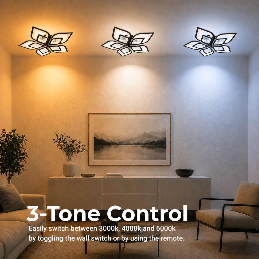 LED полилей с дистанционно DALIA 96W, 5 венчелистчета, Студена/Топла/Неутрална светлина, Димируем, Черен