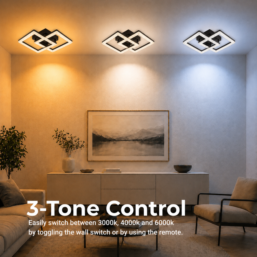 LED полилей с дистанционно GEO 29W, 2 квадрата, Студена/Топла/Неутрална светлина, Димируем, Метал и Акрил, Черен