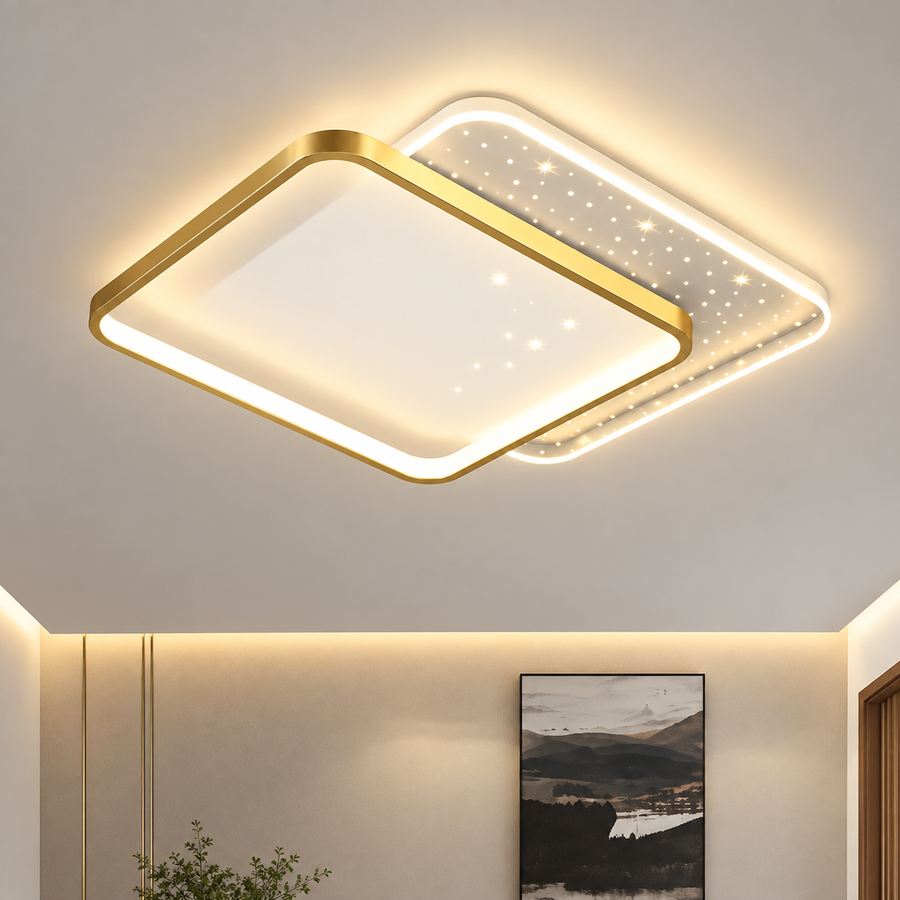 LED полилей с дистанционно управление GILDRA 48W, 2 квадрата, Студена/Топла/Неутрална светлина, Димируем, Златен