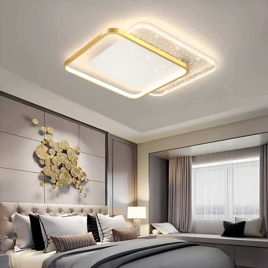 LED полилей с дистанционно управление GILDRA 48W, 2 квадрата, студена/топла/неутрална светлина, димиране, златни LED полилеи с дистанционно управление Заглавие по подразбиране Alessandro Design