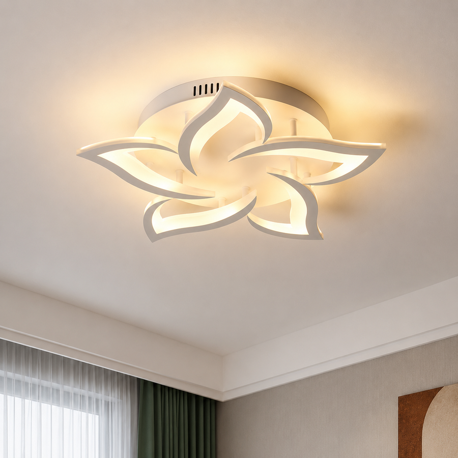 LED полилей с дистанционно LOTUS 54W, 5 венчелистчета, Студена/Топла/Неутрална светлина, Димируем, Бял