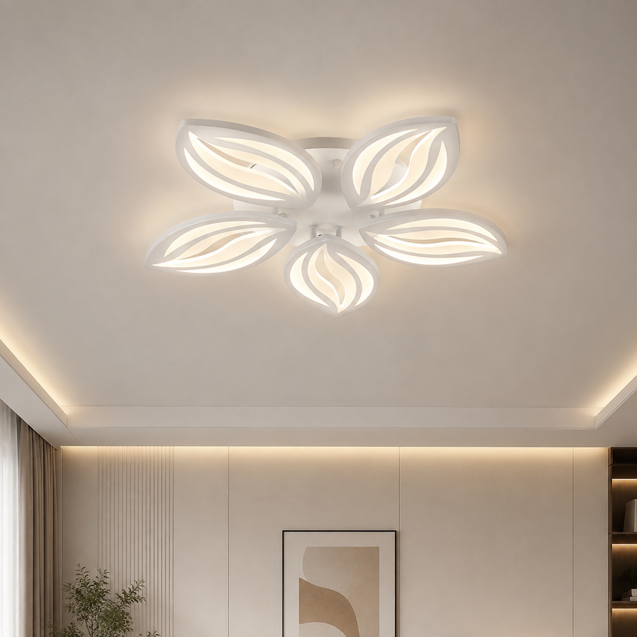 LED полилей с дистанционно управление ORCHID 66W, 5 венчелистчета, Студена/Топла/Неутрална светлина, Димируем, Бял, Метал и Акрил