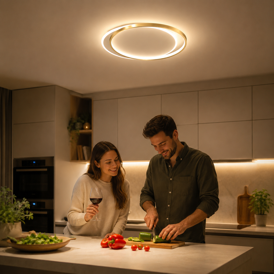 LED полилей с дистанционно SOLARA 51W, 2 кръга, Студена/Топла/Неутрална светлина, Димируем, Бяло злато