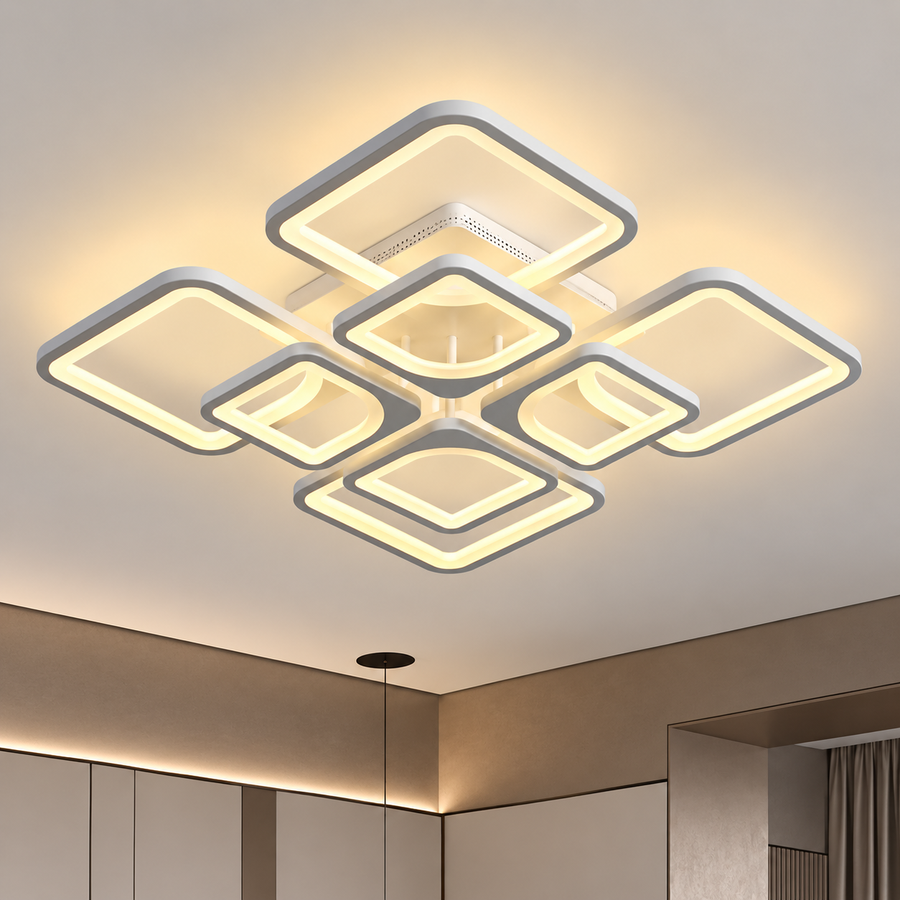 LED полилей с дистанционно управление ZOE 138W, 8 квадрата, Студена/Топла/Неутрална светлина, Димируем, Бял