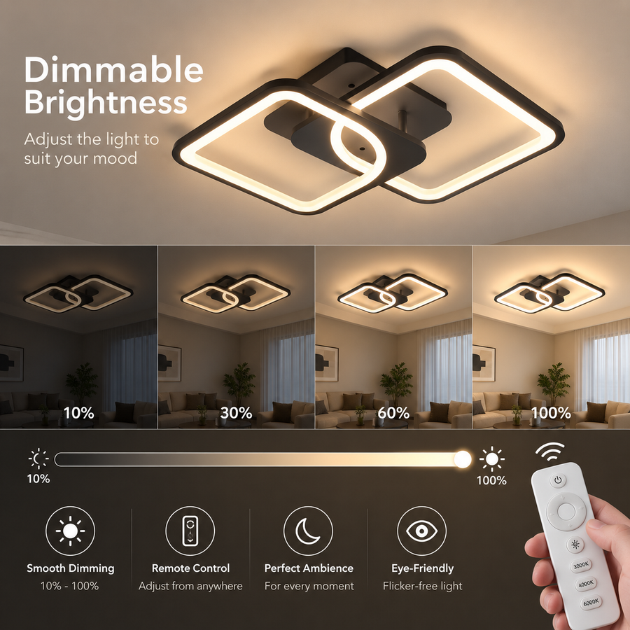 LED полилей с дистанционно ZOE 41W, 2 квадрата, Студена/Топла/Неутрална светлина, Димируем, Черен