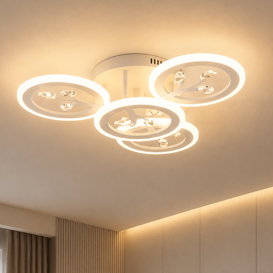 LED полилей с дистанционно управление и кристал DAISY 53W, 4 елемента, Студена/Топла/Неутрална светлина, Димируем, Бял