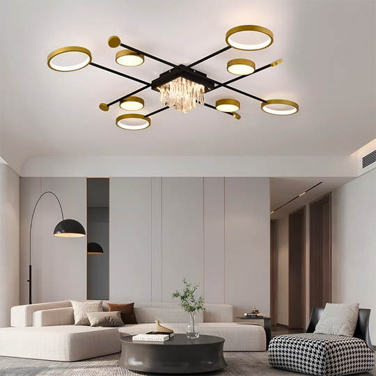 LED полилей с дистанционно управление и кристал GUIDA 48W, 8 Елемента, Студена/Топла/Неутрална светлина, Димируем, Черно злато